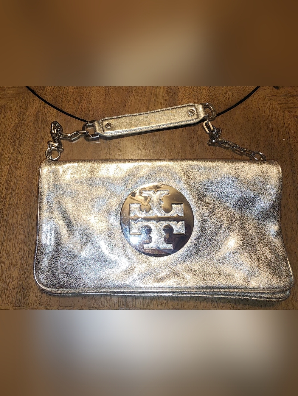 Tory Burch Silver Metallic Logo Shoulder Clutch